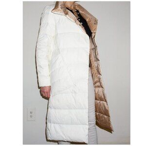 Double Breasted Quilted Goose Down Puffer Coat White Tan Sz Small Big Pockets
